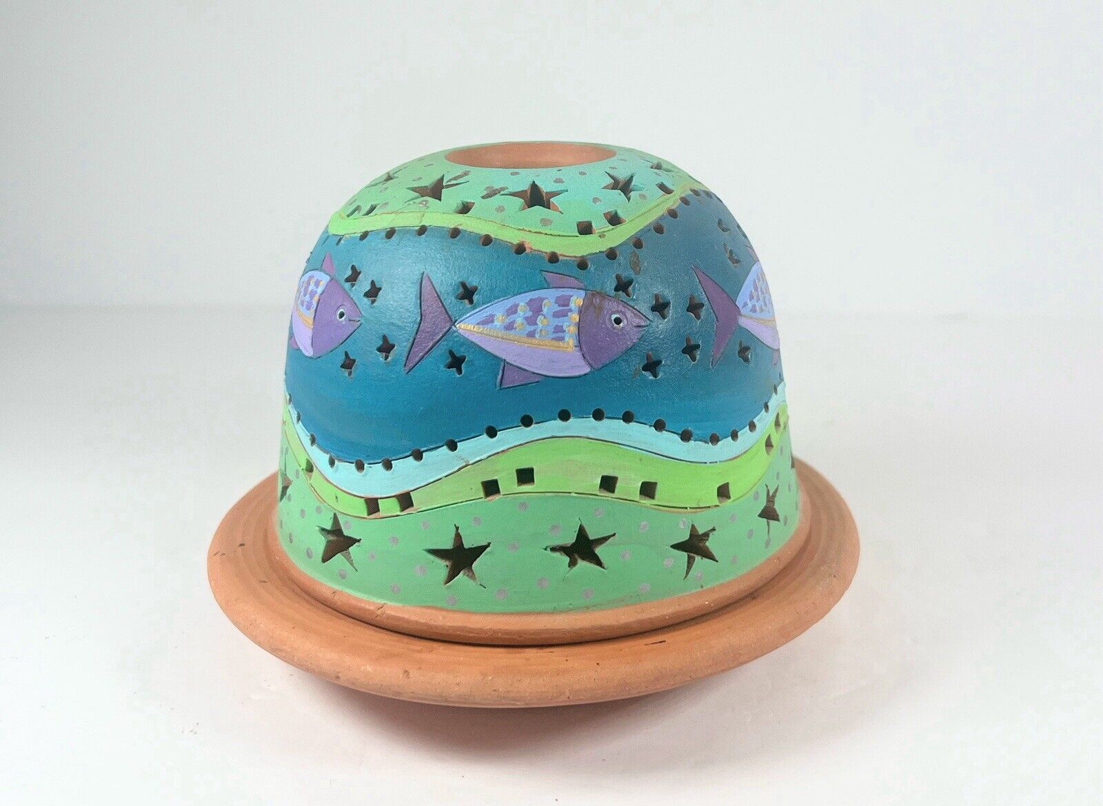 Terra Cotta Fairy Lamp Dome Hand Painted Swimming Fish, Stars & Diamond Holes.