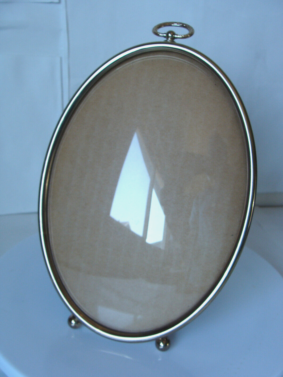 Vtg Oval Bubble Convex Glass Hanging Hook Footed Easel Stand Gold Picture Frame