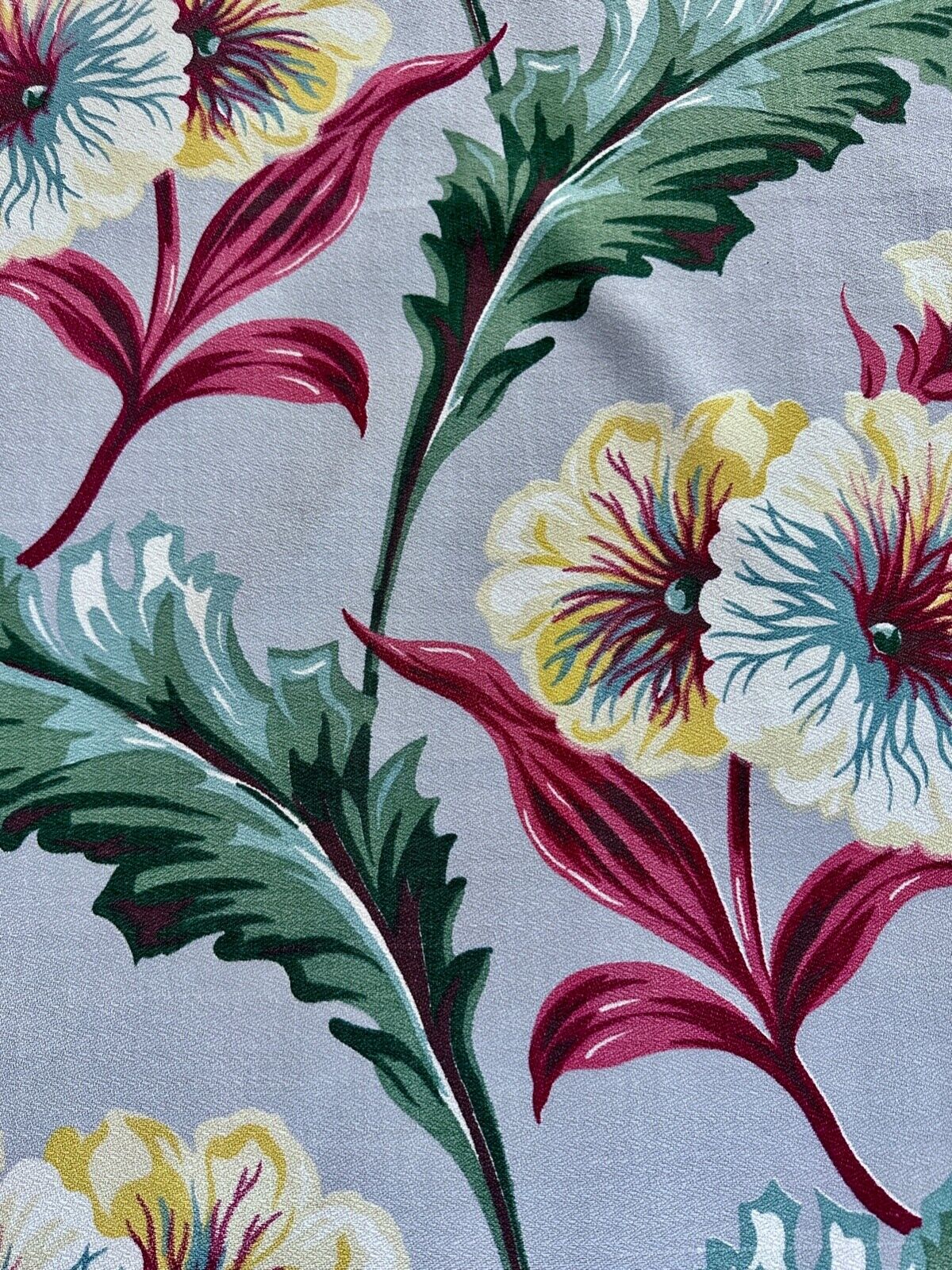 Art Deco 1930s Twin Hibiscus Lollipop Blossoms on Dove Barkcloth Vintage Fabric