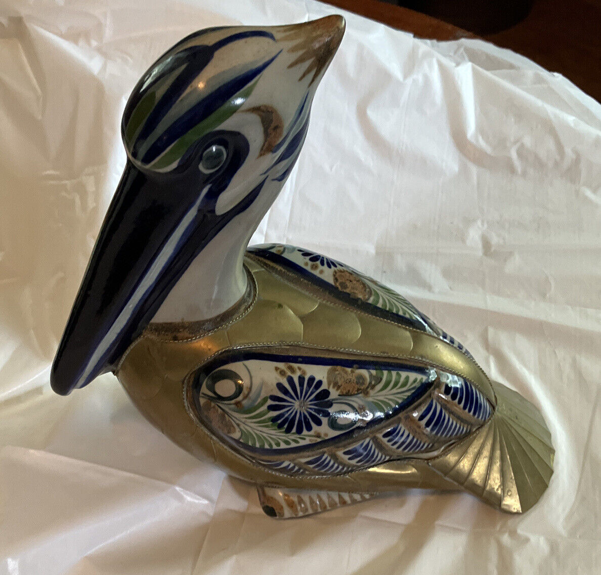 Vintage Tonala Ceramic and Brass Pelican 10 “ W x 9 1/2” H
