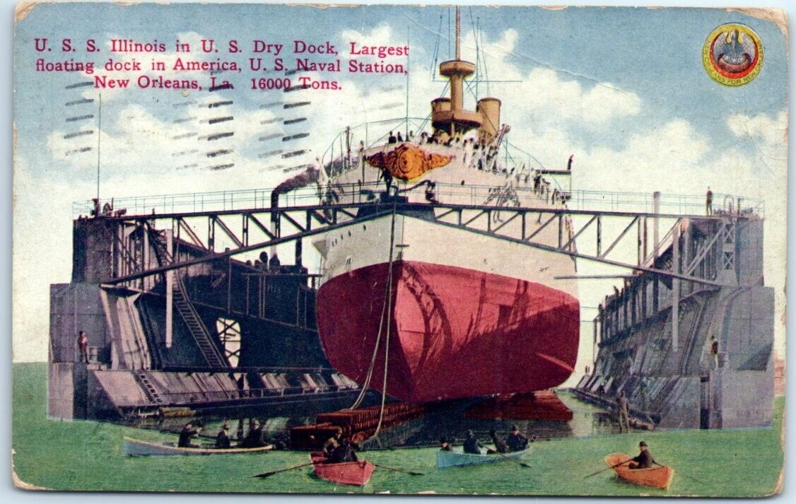 Postcard - U.S.S. Illinois in U.S. Dry Dock, U.S. Naval Station, New Orleans, LA