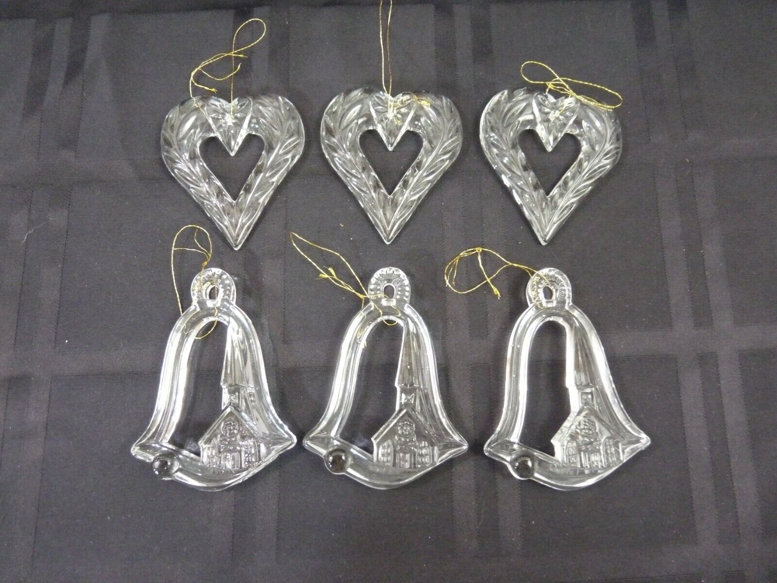 Vintage Etched Crystal Clear Christmas Ornaments Bells Hearts Chapel