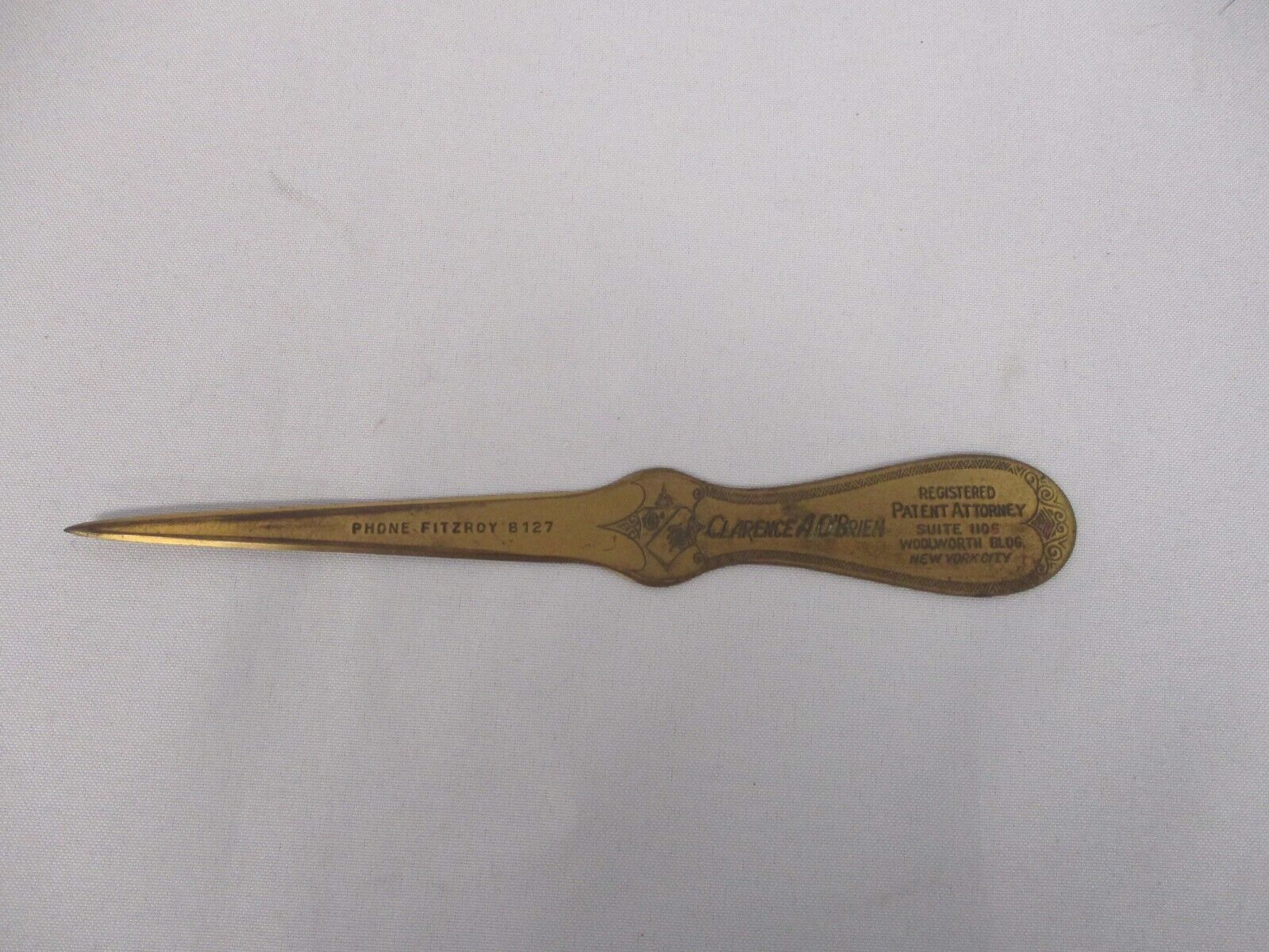VINTAGE CLARENCE O\'BRIEN PATENT ATTORNEY NEW YORK CITY LETTER OPENER ~ 8\