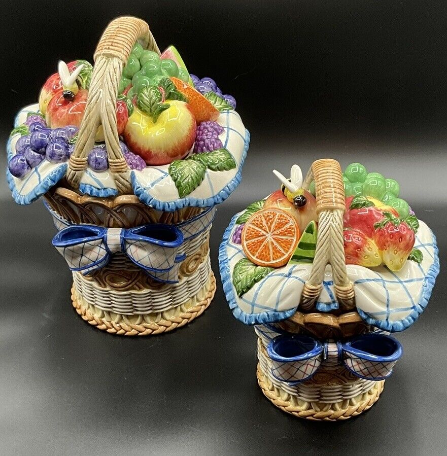 Vintage Fitz And Floyd Beautiful Fruit Basket Bee Ceramic Canisters Set/2 RARE