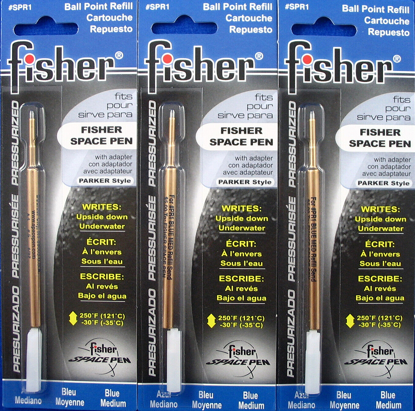 3 PACK Fisher Space Pen Ballpoint Pressurized Refills Medium Point - BLUE