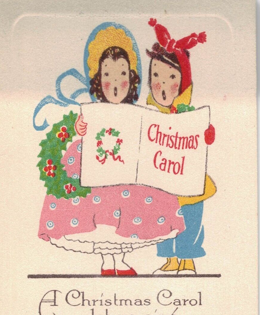 C1920s Dennison USA Christmas Carol Children Singing Outfits Cute Greeting Card