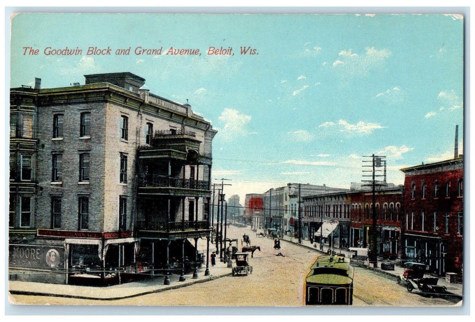 1911 The Goodwin Block & Grand Avenue Carriage Train Beloit Wisconsin Postcard