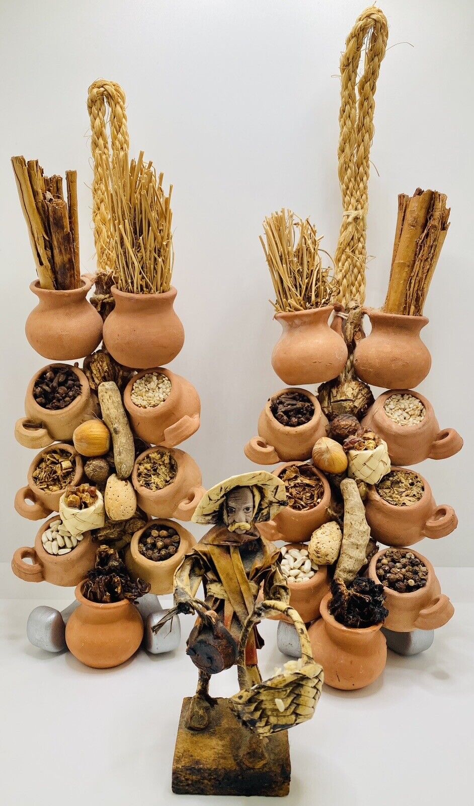Vintage Handmade Mini Clay Hanging Pots Herbs With Papier-Mâché Figurine