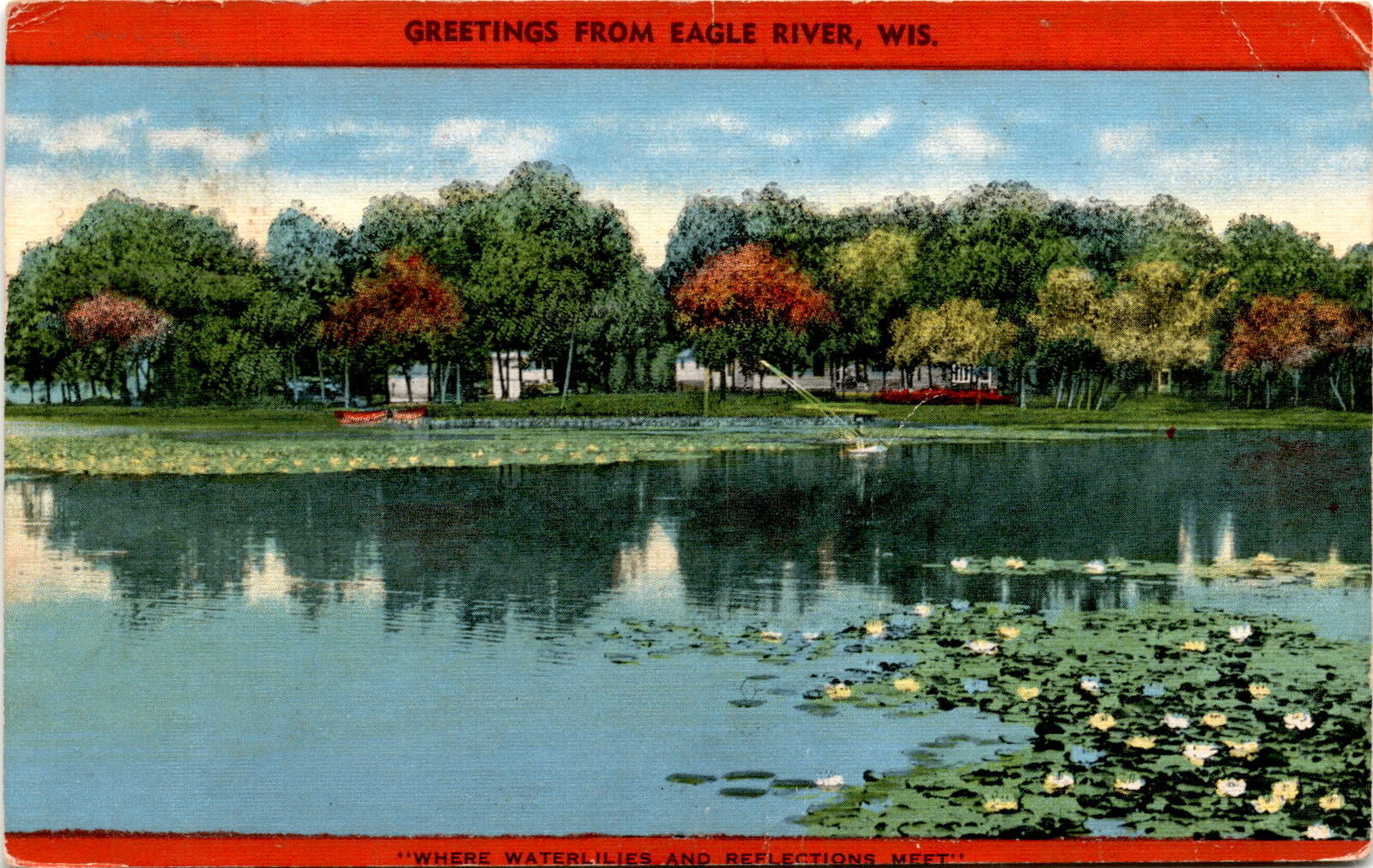 Postcard, Eagle River, Wisconsin, waterlilies, reflections, hunting, Postcard
