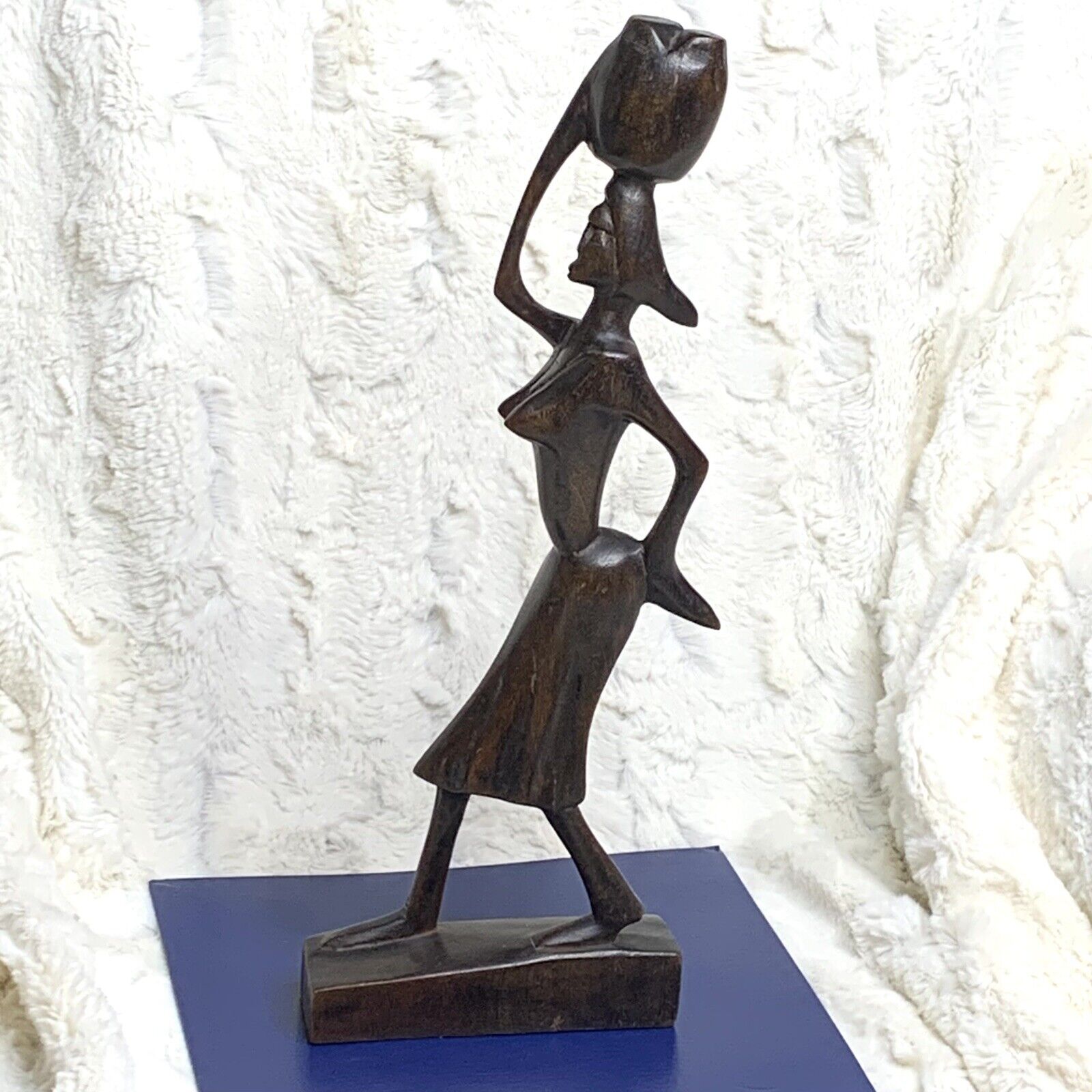 Indigenous African Woman Wooden Carved Statue 14” Basket On Head Dark Wood Vtg