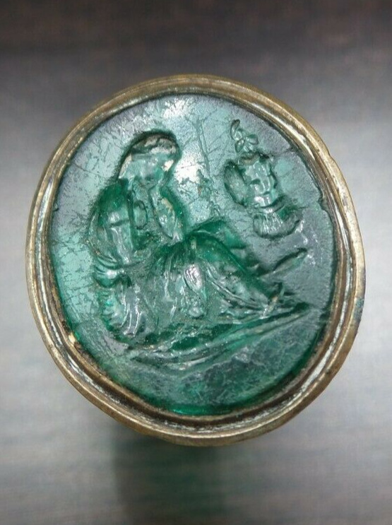 Mysterious Antique 18/19th Century European Gold Green Gemstone / Glass Seal Fob