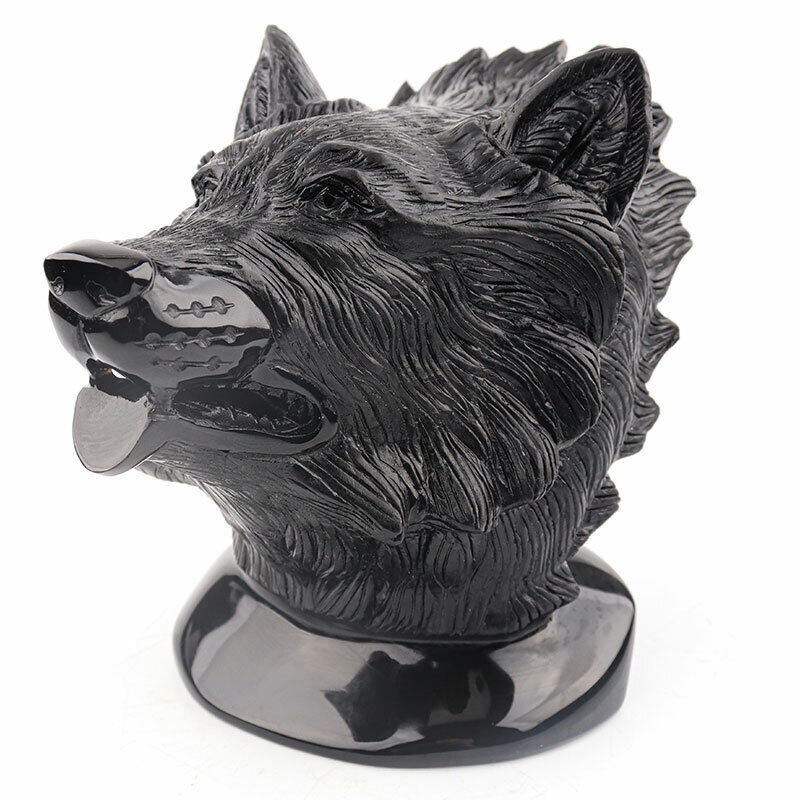 6.1\'\' Natural obsidian crystal hand carved Wolf skull statues, Home Decoration 
