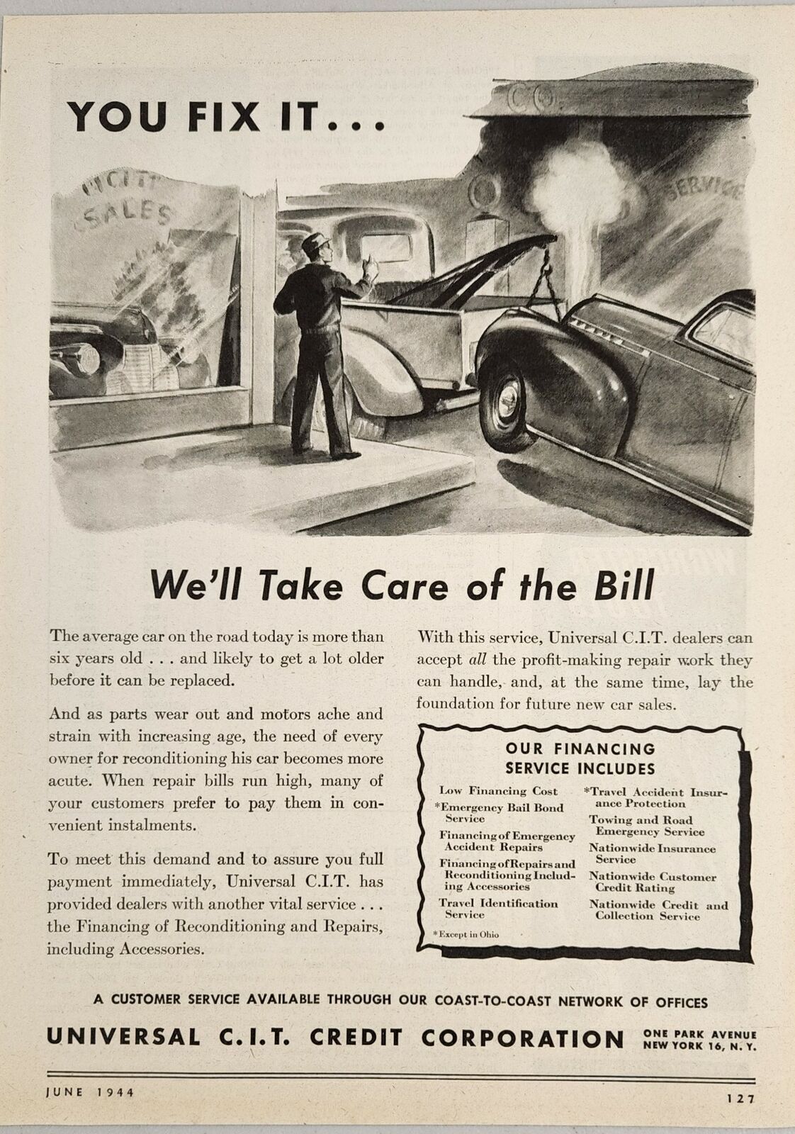 1944 Print Ad Universal C.I.T. Credit Corporation Reconditioning & Repairs Cars