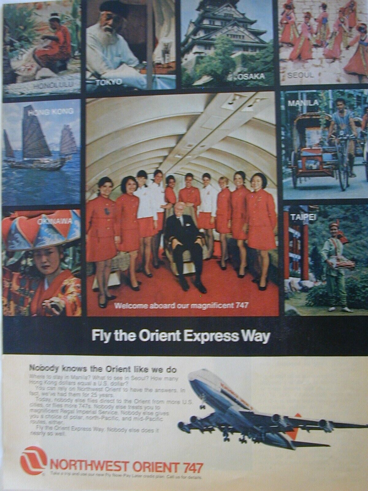 1972 NORTHWEST ORIENT AIRLINES 747 HONOLULU, GALLIANO 2S VINTAGE PRINT AD L051
