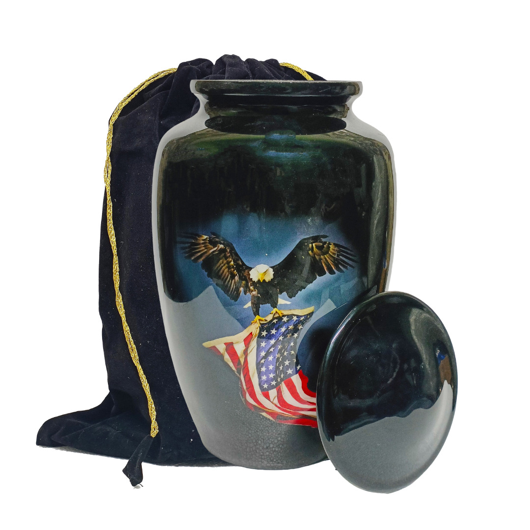 Elegant Cremation Urn For Human Ashes Black Eagle and USA Flag With Velvet Bag
