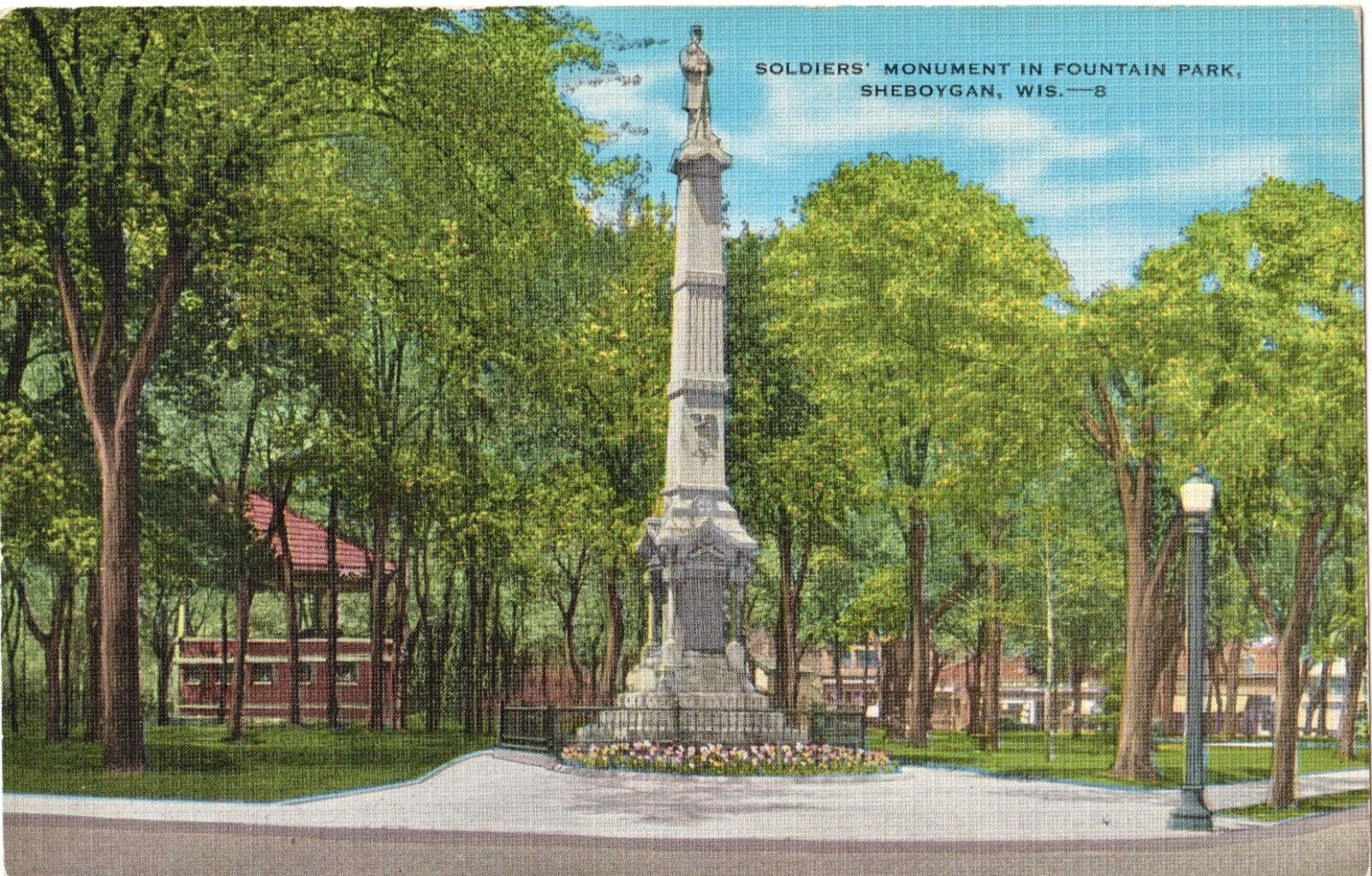 Soldiers\' Monument in Fountain Park-Sheboygan, Wisconsin WI antique linen 1946