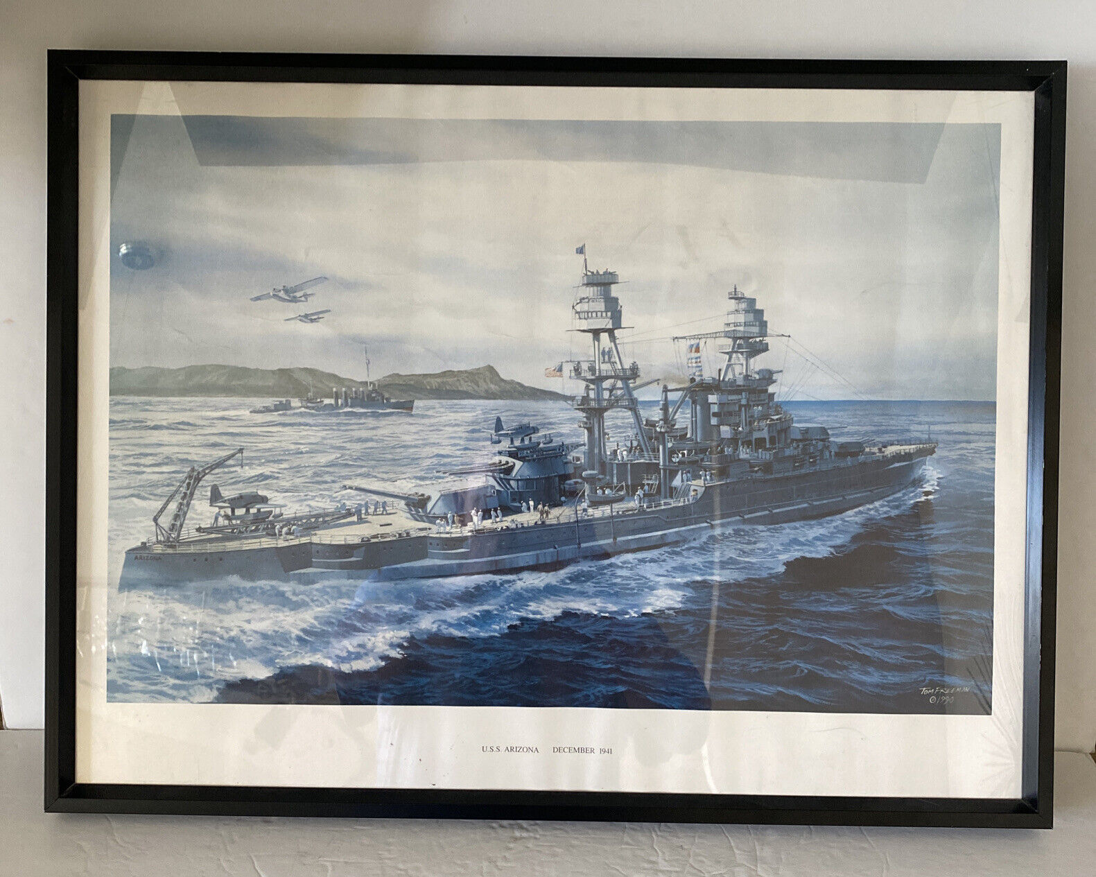 TOM FREEMAN USS ARIZONA DECEMBER 1941 FRAMED PRINT 1990 24” X 18”