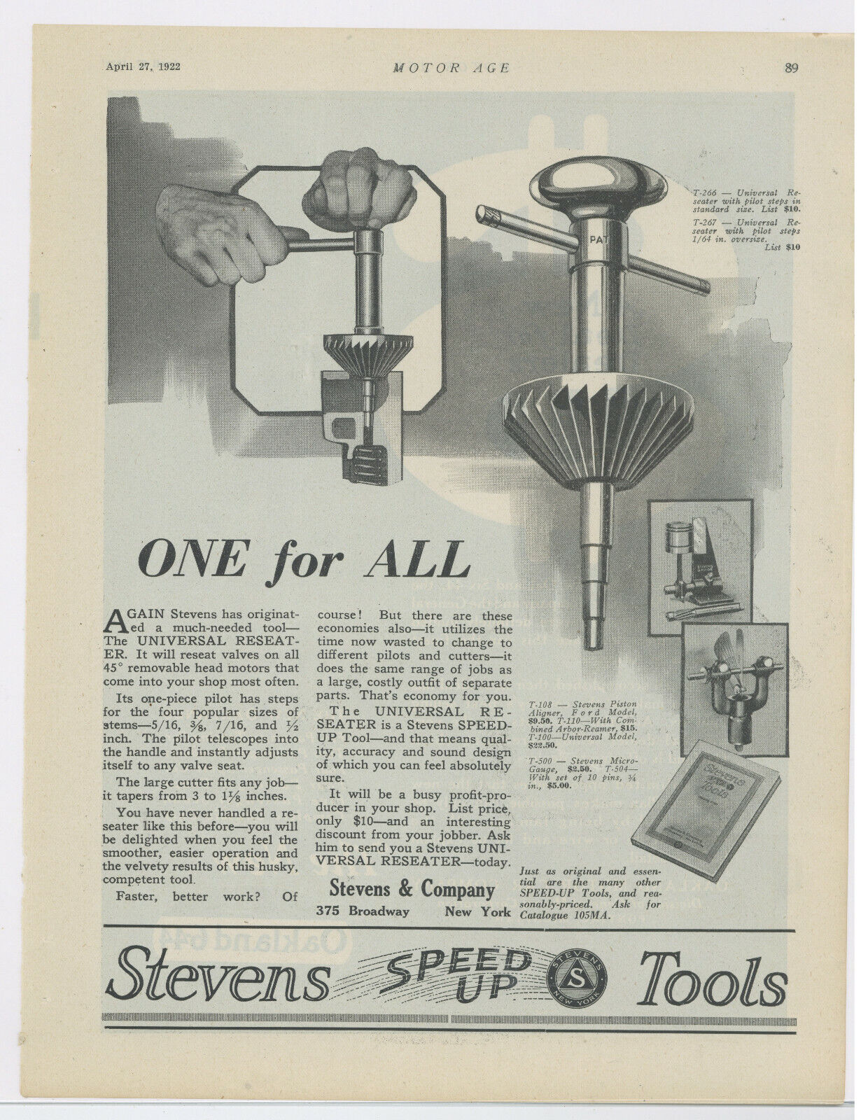 1922 Stevens Tools Advertisement: Piston Aligner & Micro Gauge - New York City