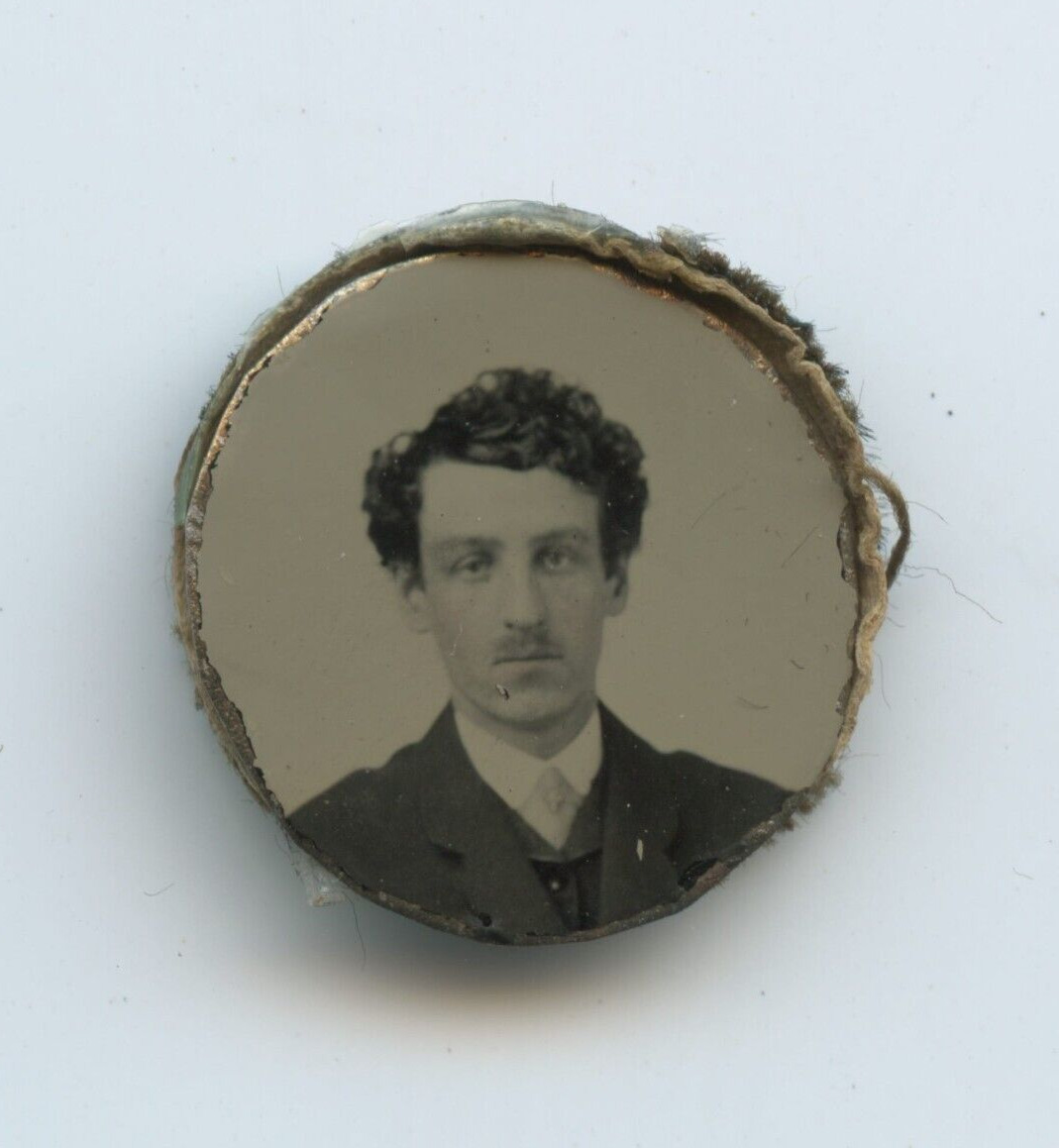 Mini Tintype Mourning Button or Jewelry with Black Striped Fabric on Reverse