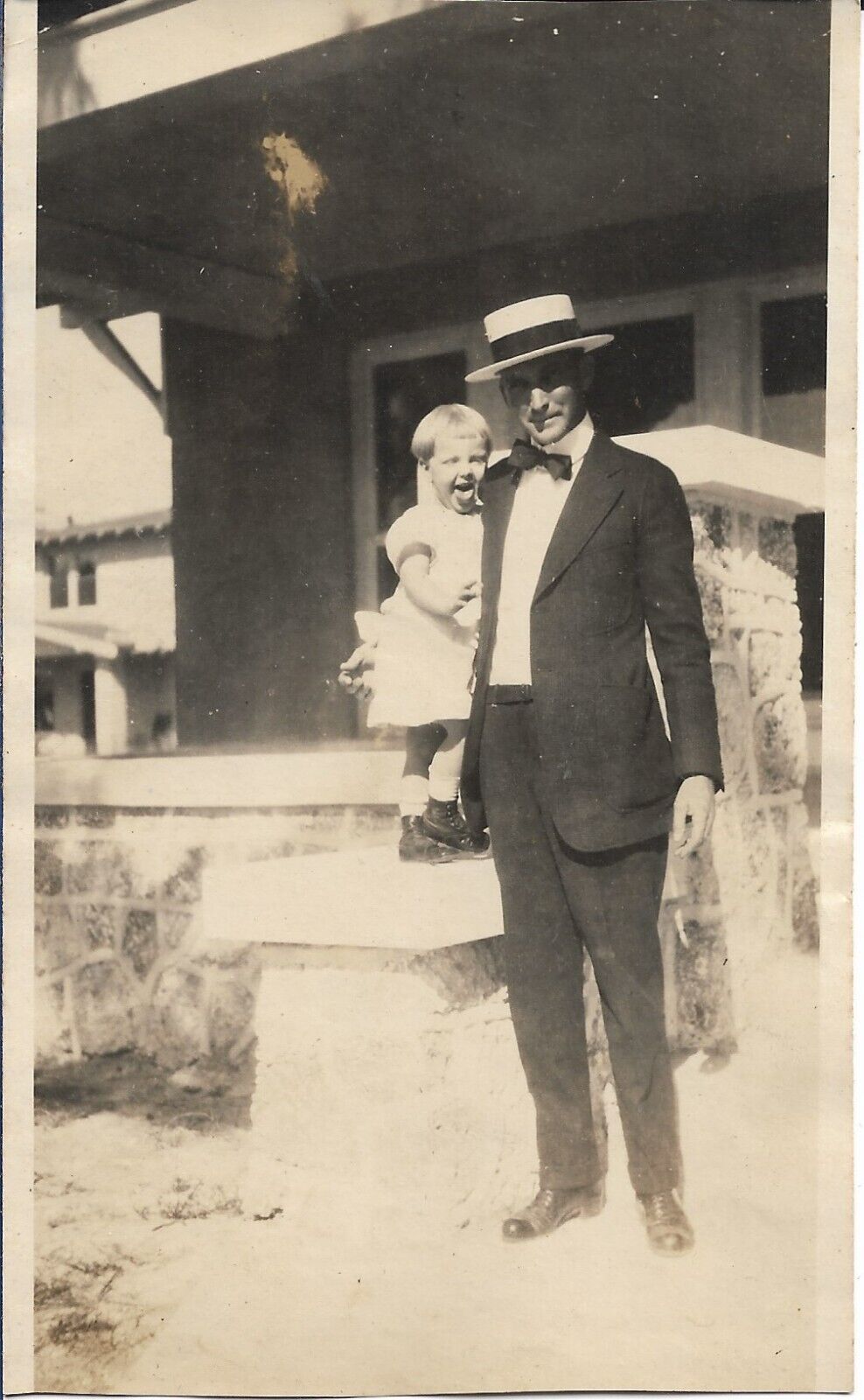 Man Baby Photograph 1930s Vintage Straw Boater Hat Outdoors House 3 3/8 x 5 3/8