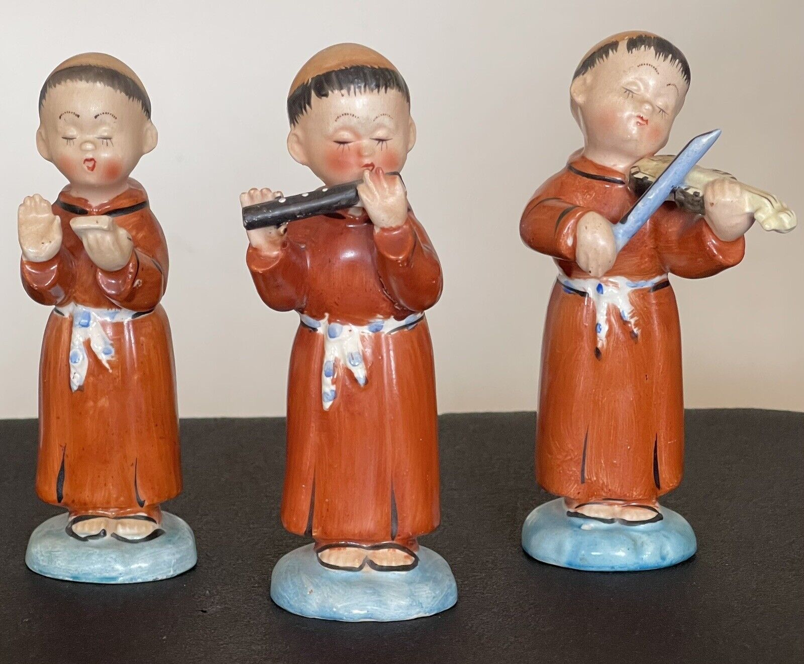 Vintage Hand-Painted Porcelain Ceramic Friar Musician Trio Made in Japan