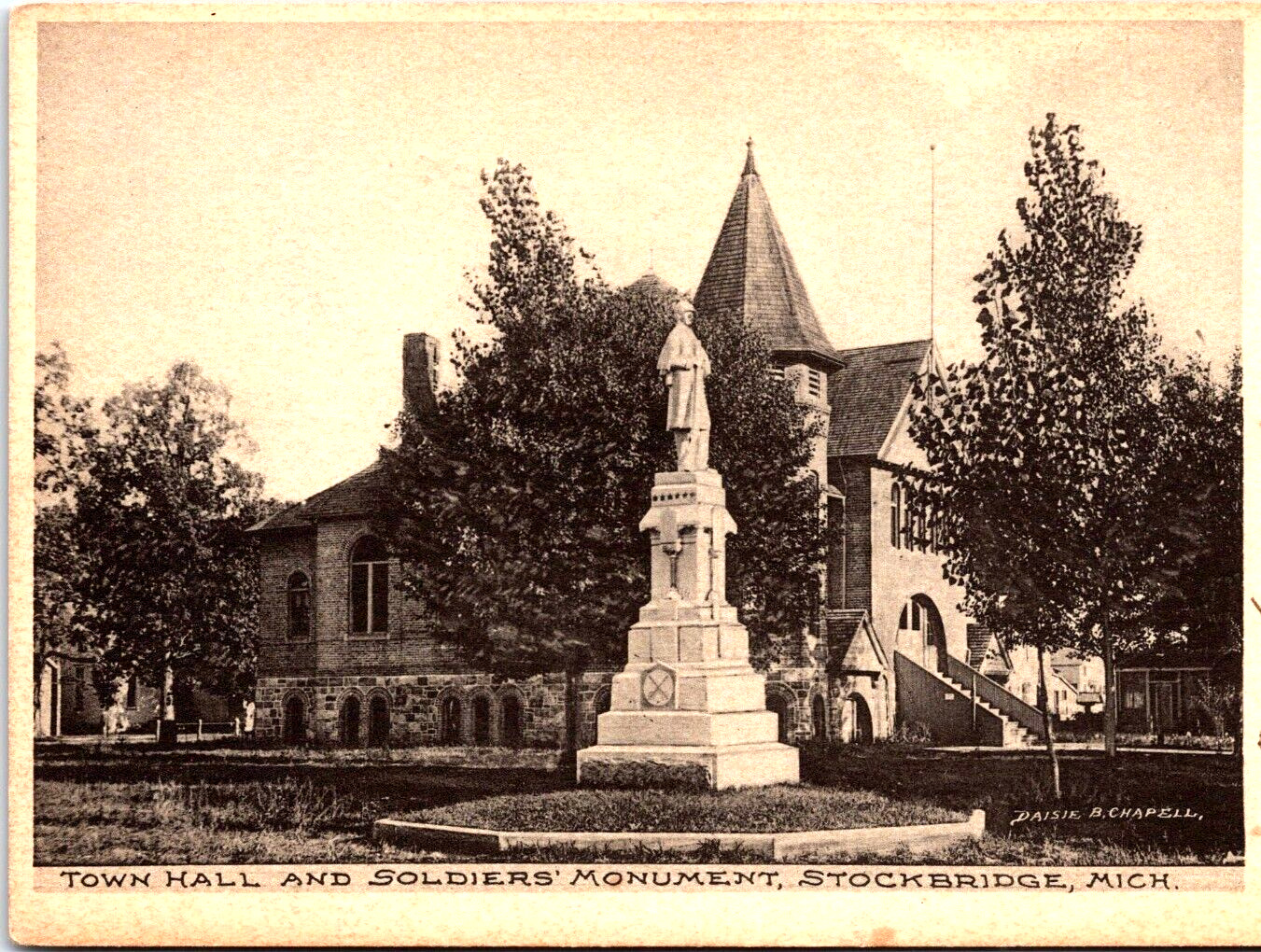 Postcard Stockbridge Michigan Town Hall And Soldiers\' Monument Posted 1906