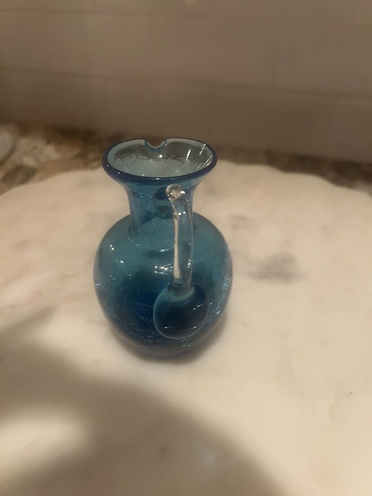 Vintage Crackle Glass Mini Pitcher Creamer Vase Blue READ