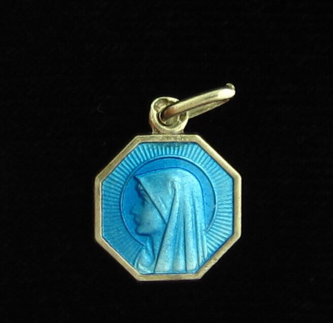 Vintage Silver Mary Lourdes Blue Enamel Medal Catholic Petite Medal Small Size