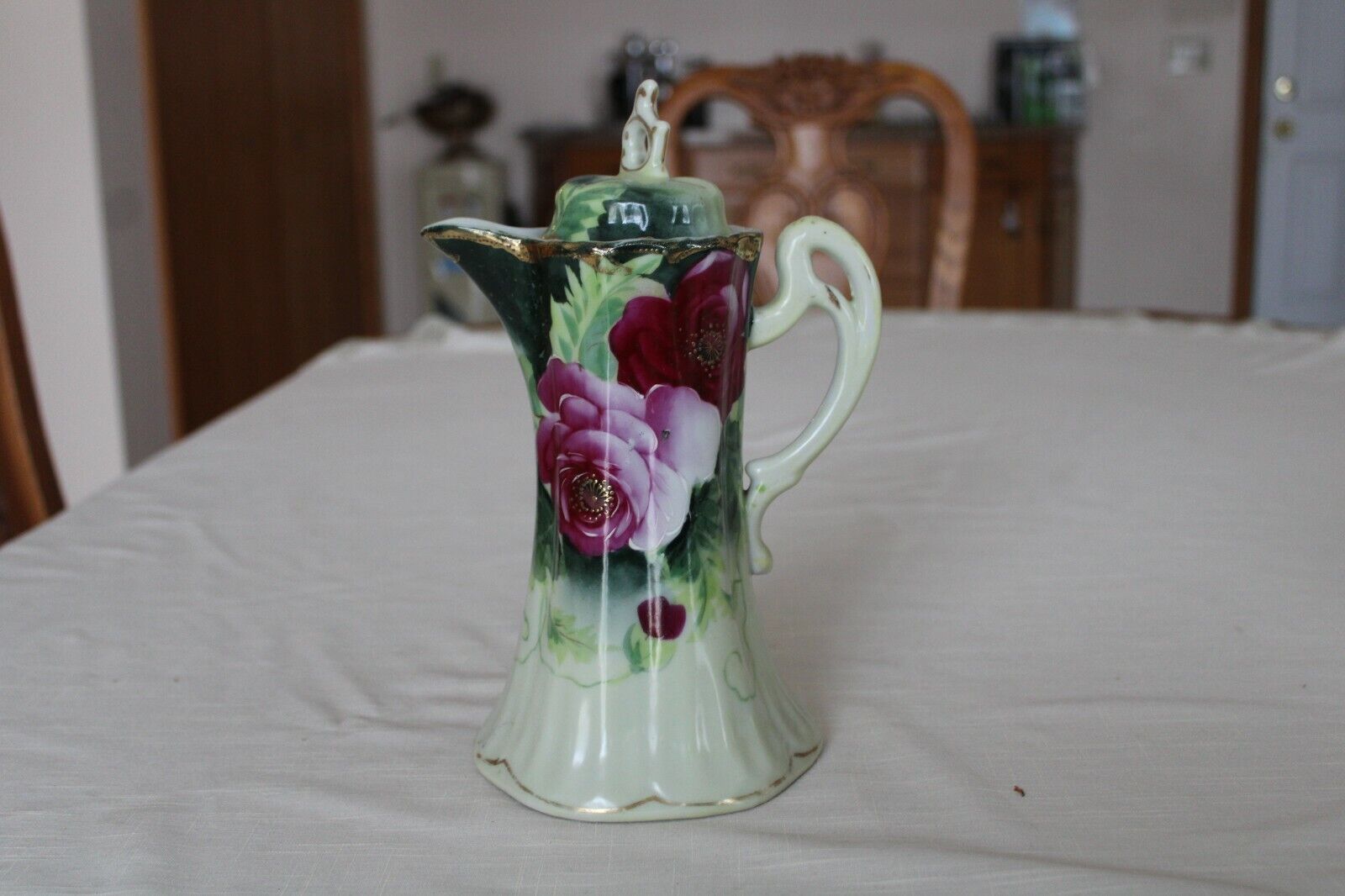 Chocolate Antique Porcelain China Handled Pitcher With Lid Rose Pattern