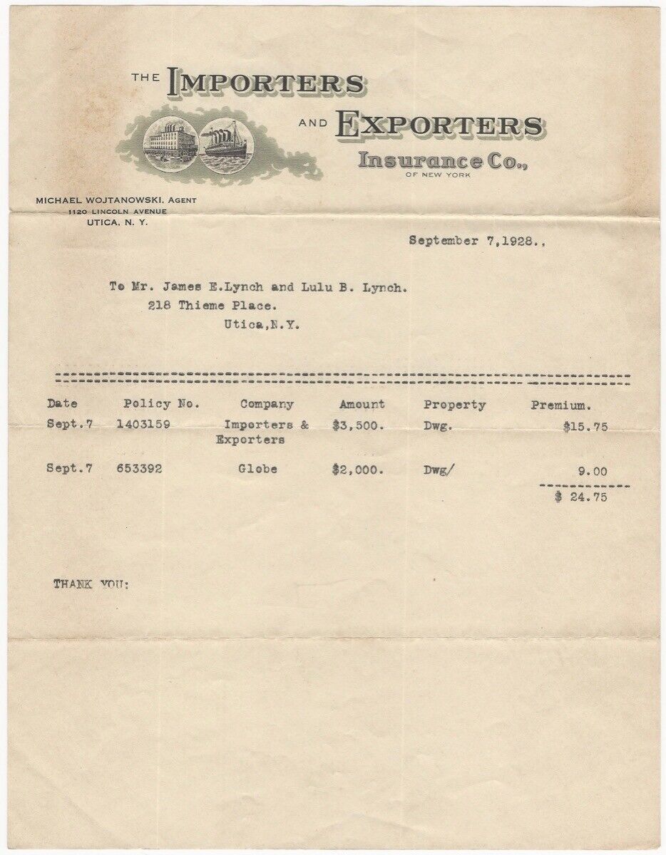 Importers and Exporters Insurance Co. Utica New York 1928 Business Letterhead
