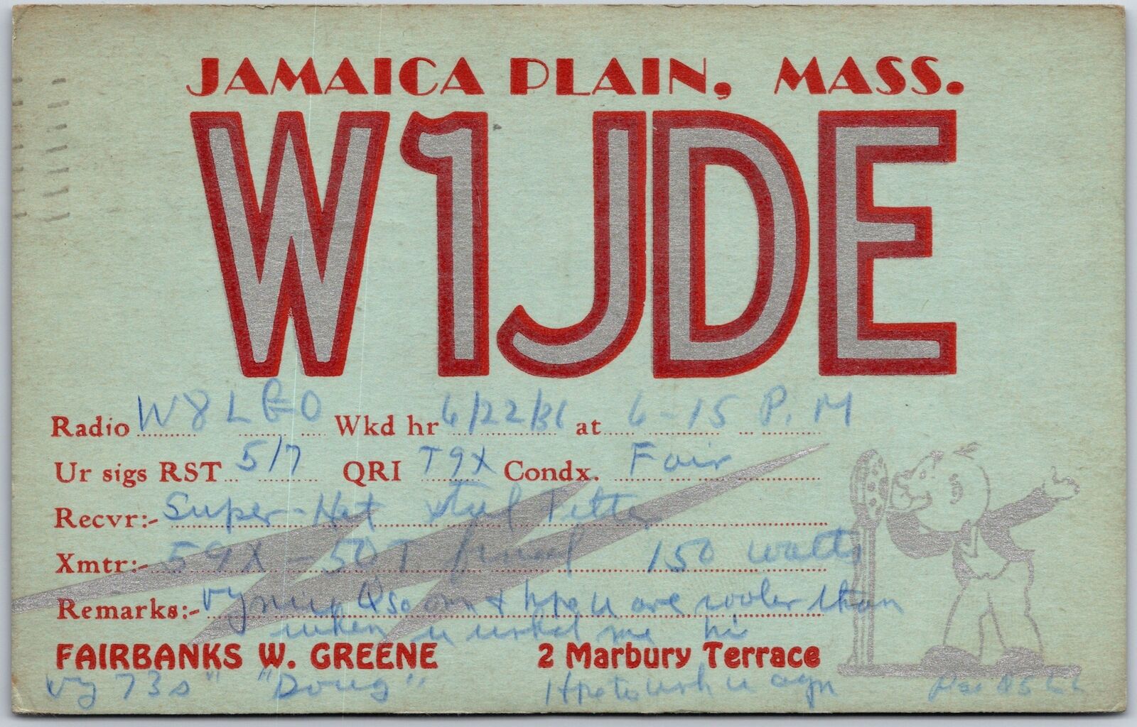 1936 QSL Radio Card Code W1JDE Jamaica Plain WI Amateur Station Posted Postcard
