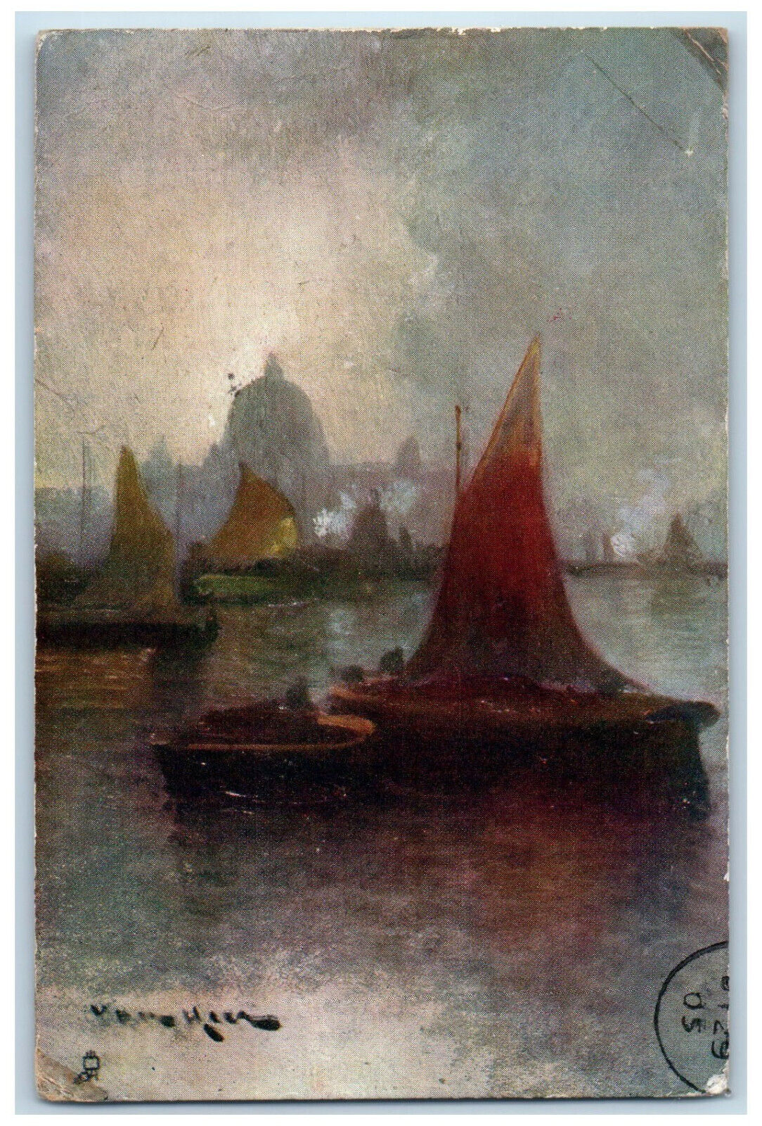 1905 Scene of Boat Sailing Antique Oilette Tuck Art Posted Antique Postcard