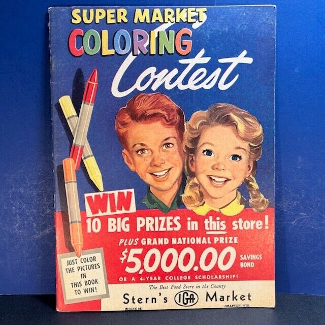 Vintage 1954 Super Market Coloring Contest Book Stern's IGA Grafton, WI Unused
