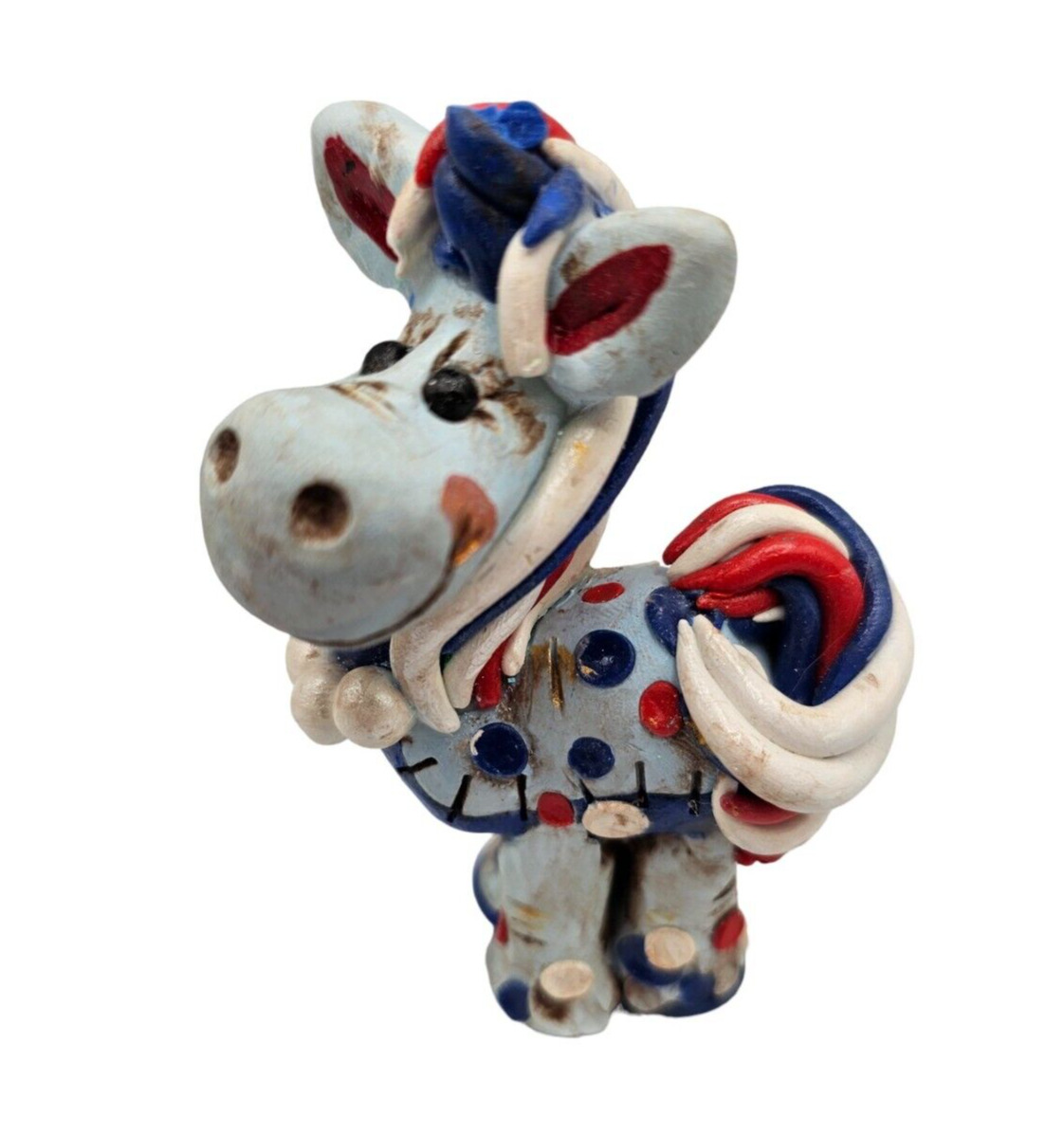 Custom OOAK Clay Unicorn Figurine Signed Whimsical 4th of July Polka Dot