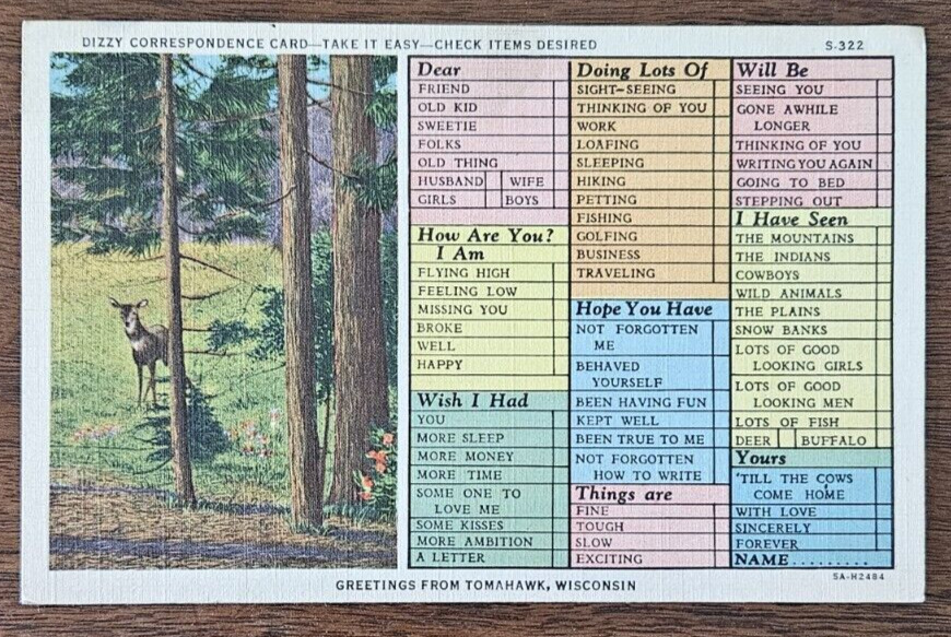Tomahawk, WI Comic Postcard 1930s Linen Dizzy Correspondence Checklist Deer UNP