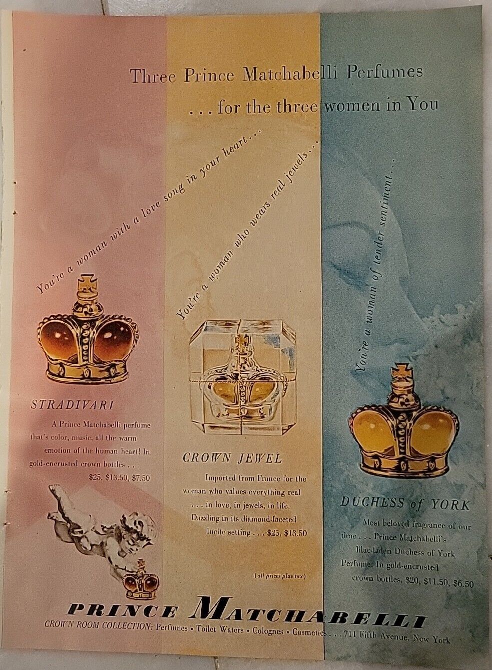 1947 Prince Matchabelli Stradivari Crown Jewel Duchess York Perfume Vintage Ad