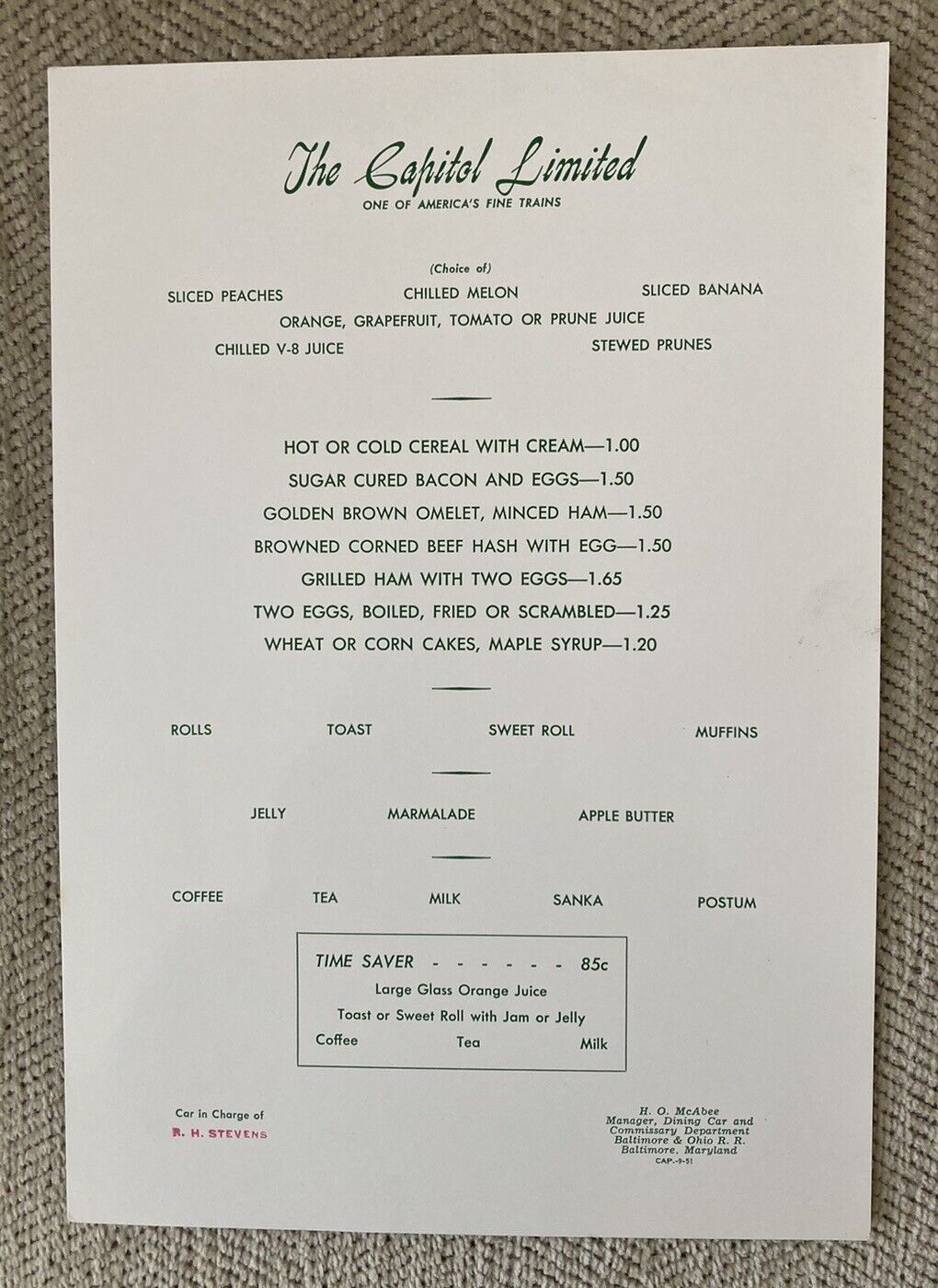 B&O RR (Baltimore and Ohio) Breakfast Menu:”The Capitol Limited”