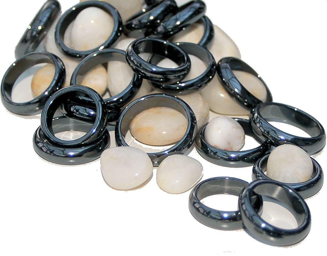 12 BLACK REAL HEMATITE STONE BAND RINGS jewelry #071 health energy natural rocks