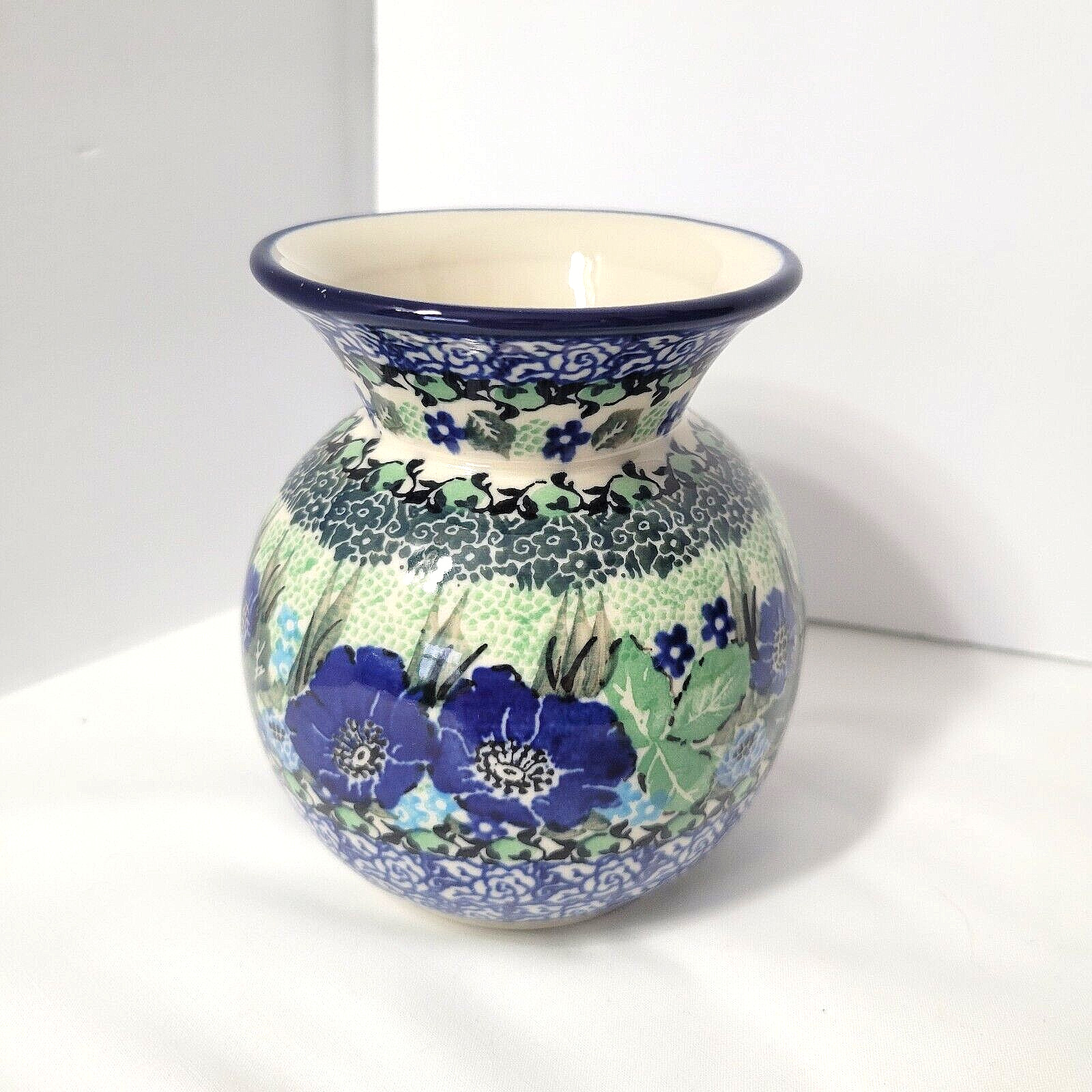 Unikat M Sarzyk Polish Pottery Bud Vase 4” Floral Flowers Blue Green