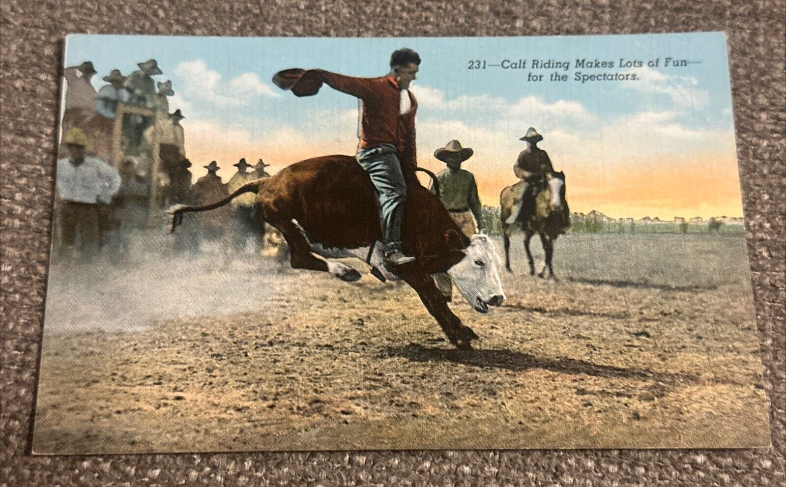 Linen Postcard Rodeo Scene Cowboy Riding a Bucking Wild Calf Vintage