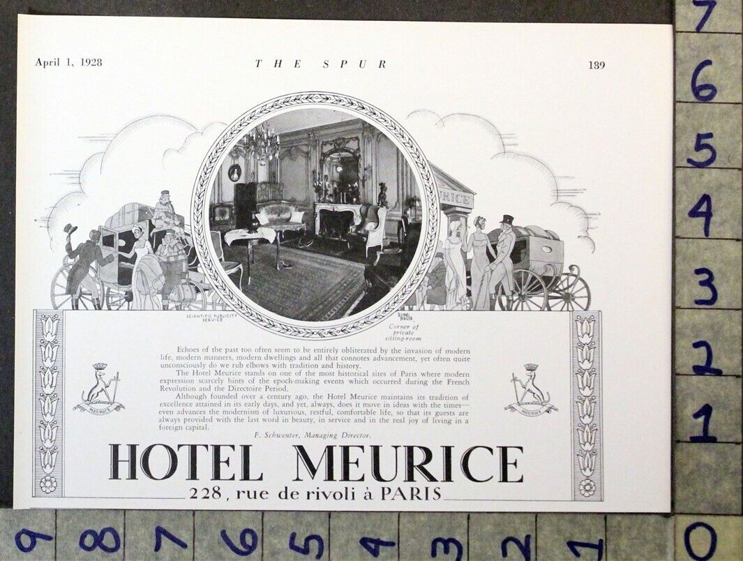1928 HOTEL MEURICE PARIS RUE DE RIVOLI TRAVEL TOURISM RAOUL AUGER ART AD FILEB76