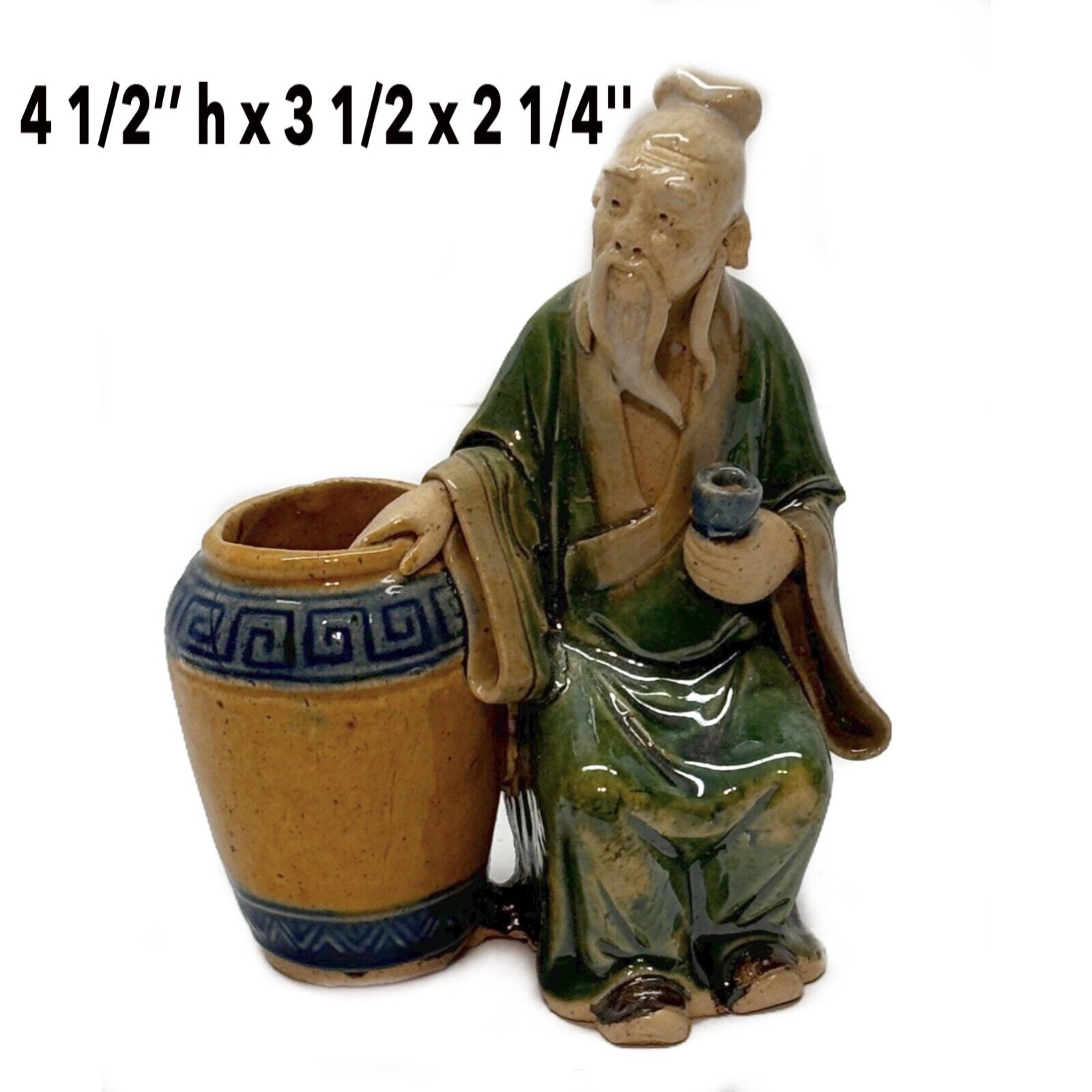 Oriental Asian Shiwan Figure Mud Man Basket Ceramic Statue Mudman Antique 4 1/2\