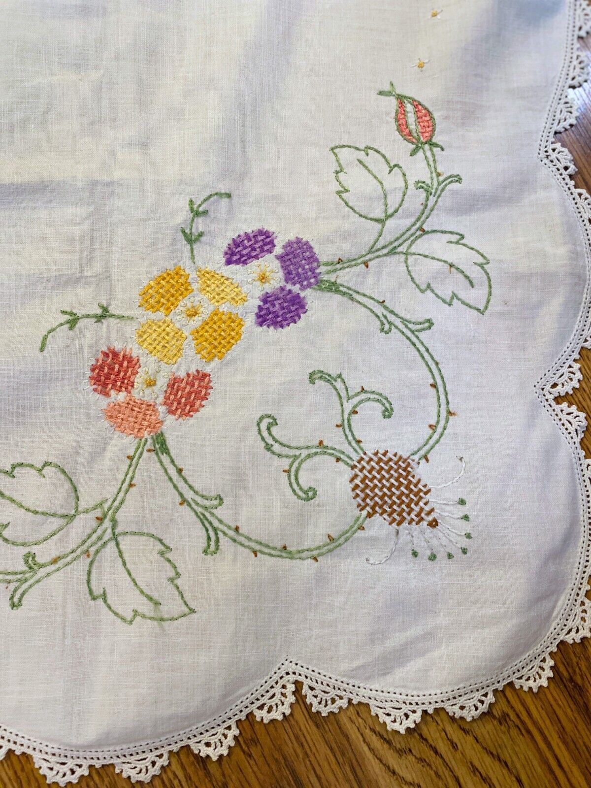 Vintage Handmade Floral Cross Stitch Tablecloth 38x36 purple yellow green