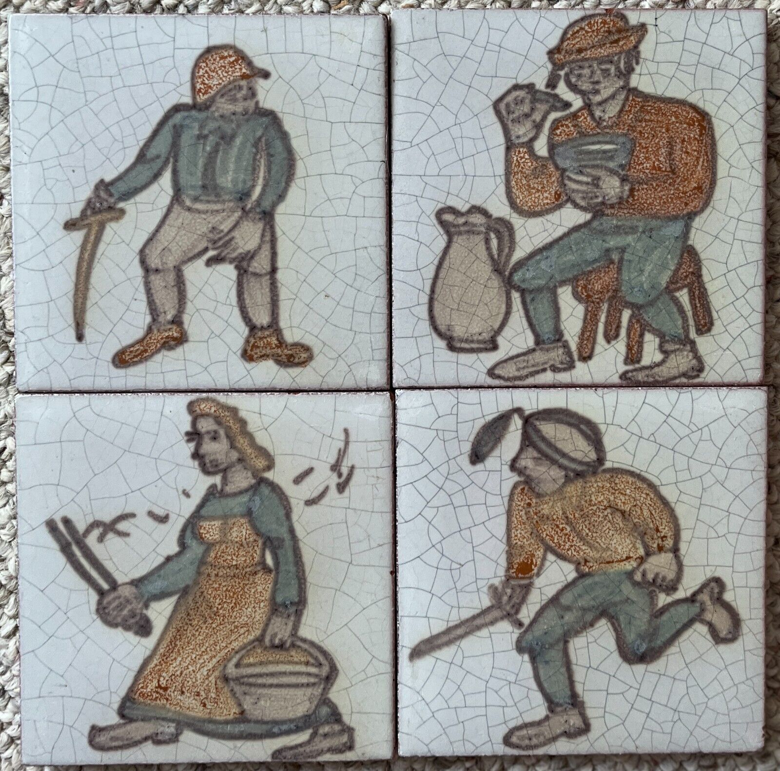 Hand painted tiles from Belgium Vintage Set of 4