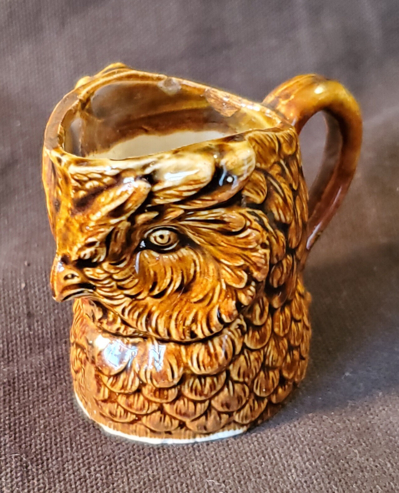 Vintage Miniature Owl Head Pitcher German Porcelain Brown Glazed 2 1/4\