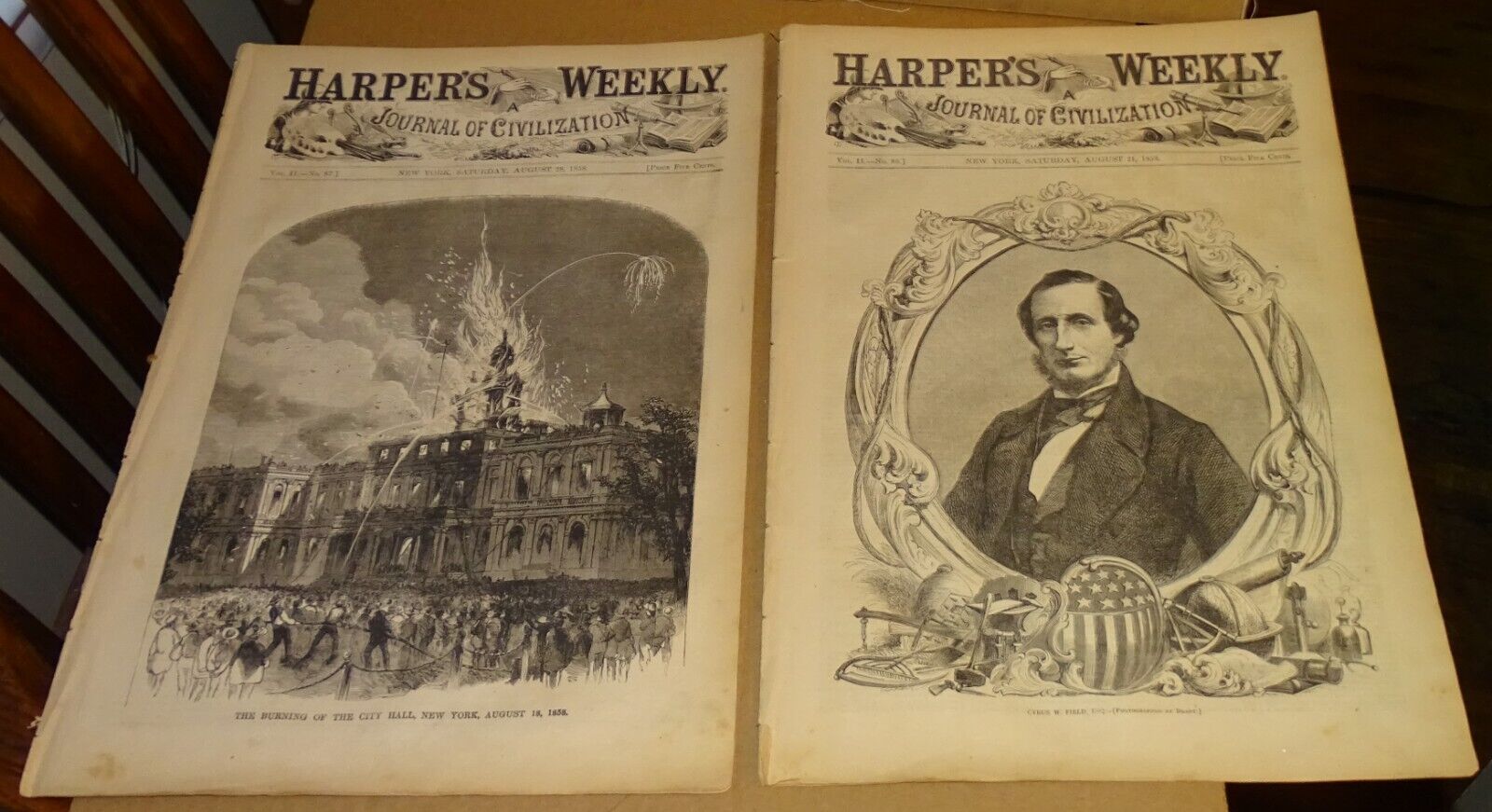 Two 1858 Harper's Weekly (August 21 & 28) Burning of City Hall New York, etc.