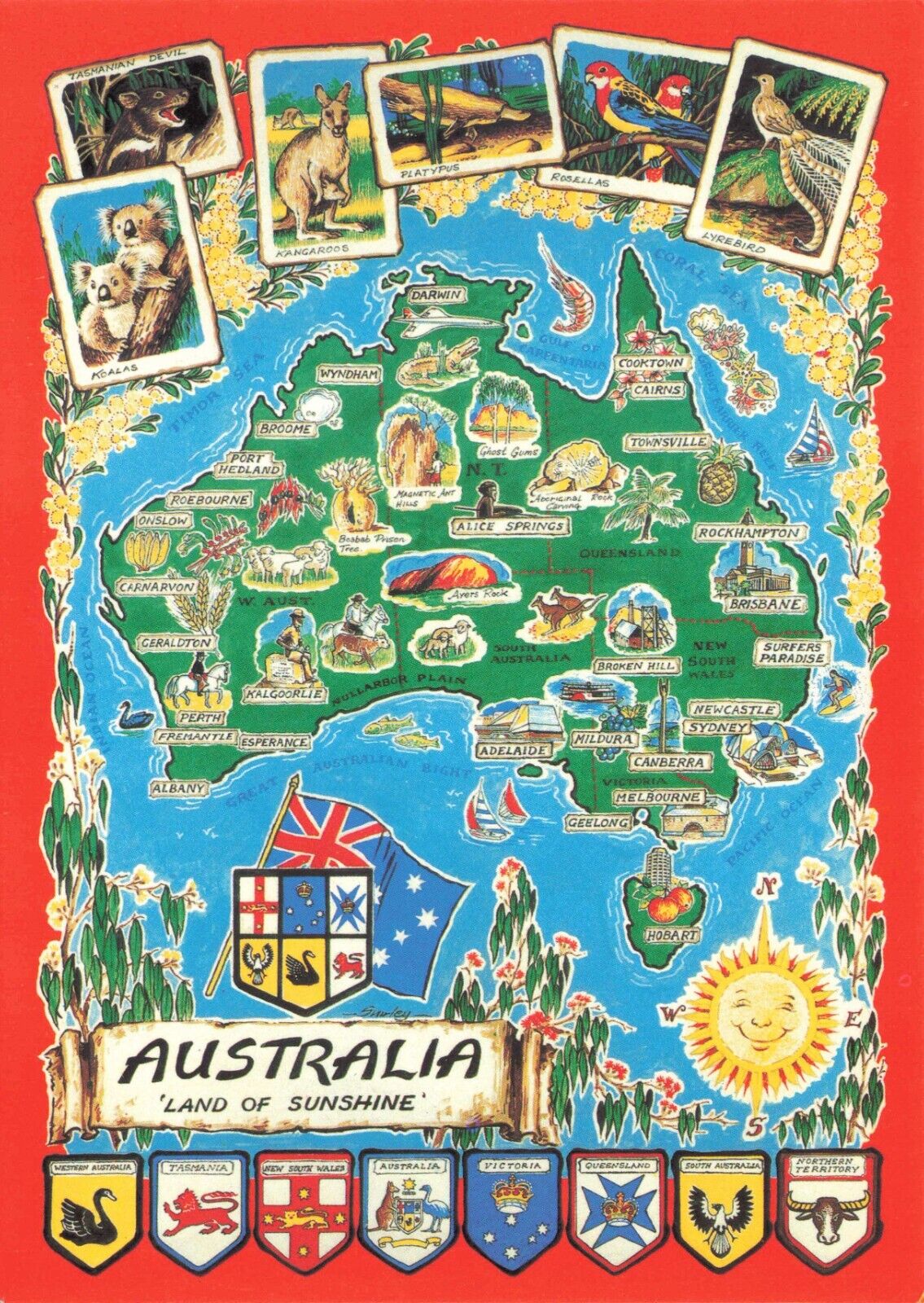 Postcard Australia Map Cartography Land of Sunshine Animals Cities Flags