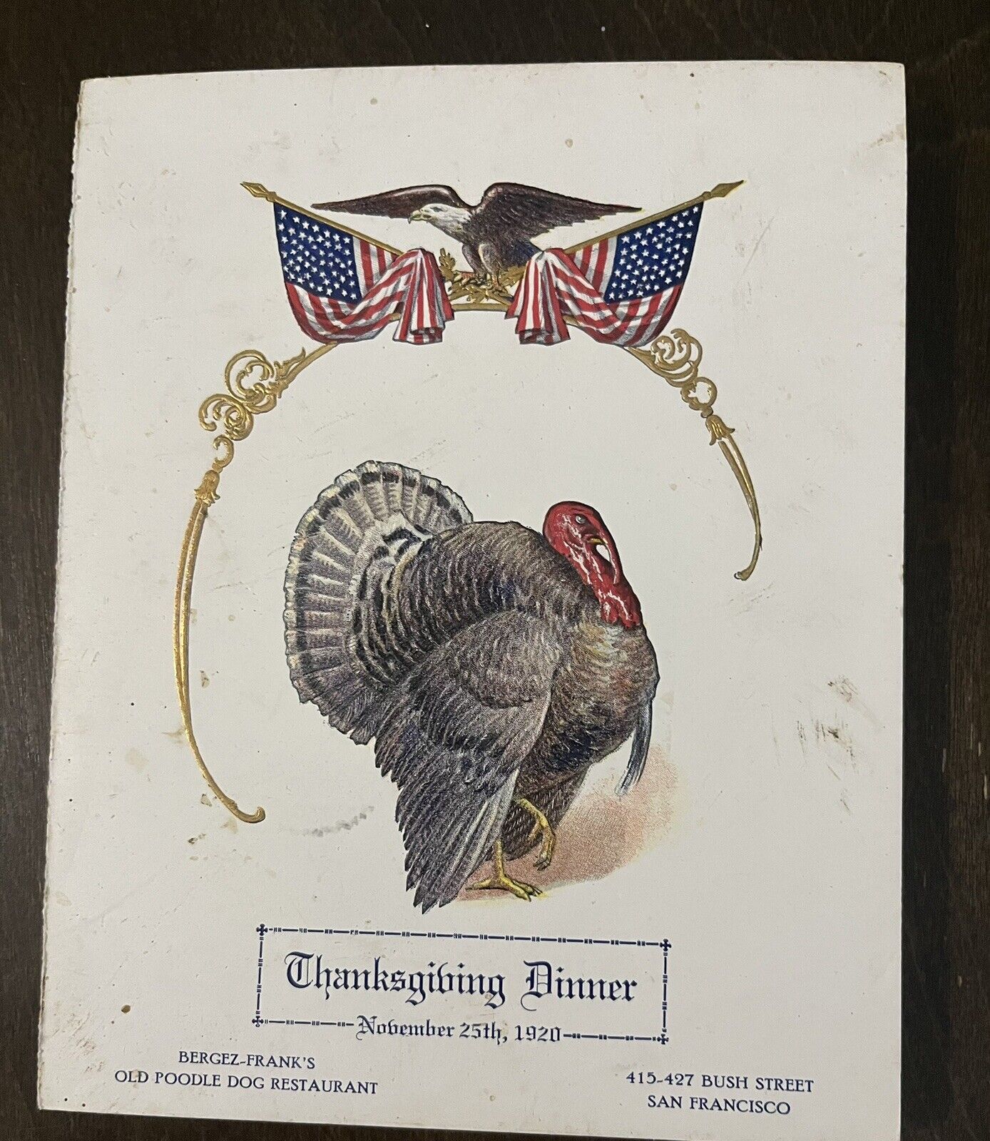 1920 Old Poodle Dog Restaurant French SAN FRANCISCO Thanksgiving Turkey MENU HTF