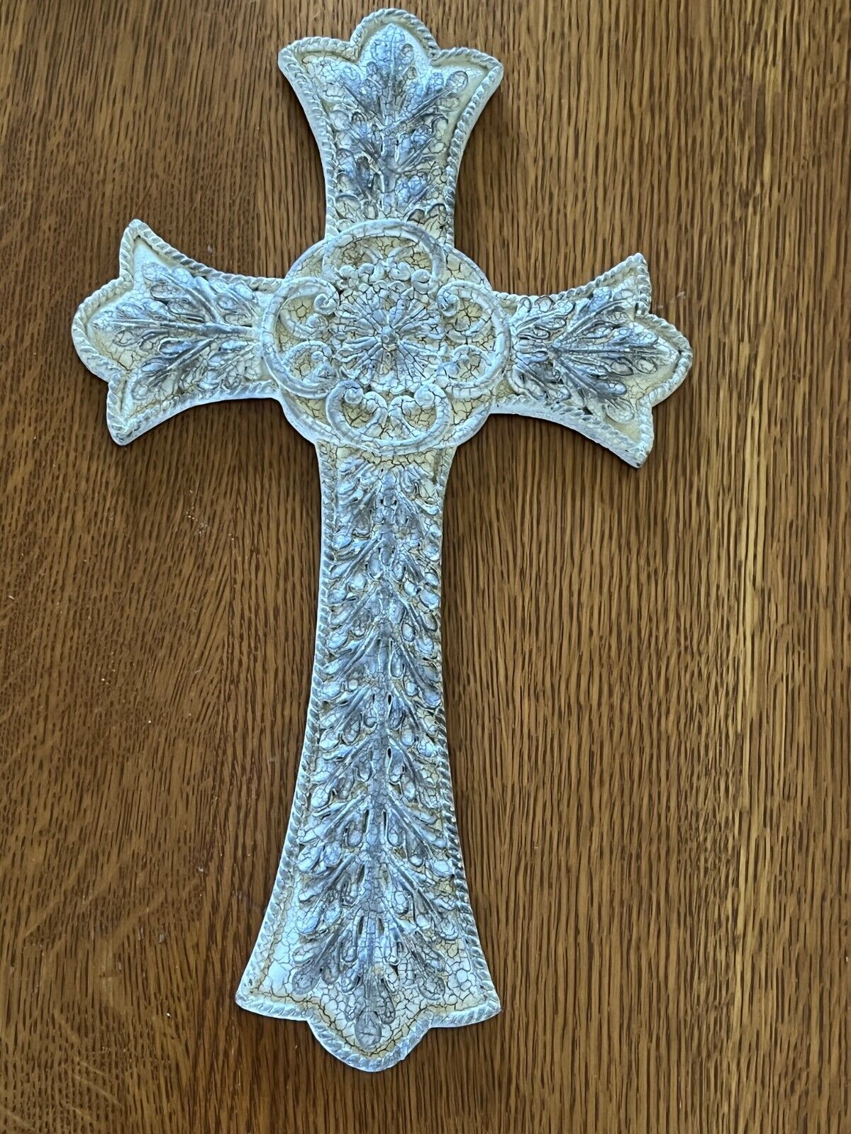 Ornate Rustic Cream & Gray Faux Crackle Paint Resin CROSS Wall Plaque  – 8 x 14
