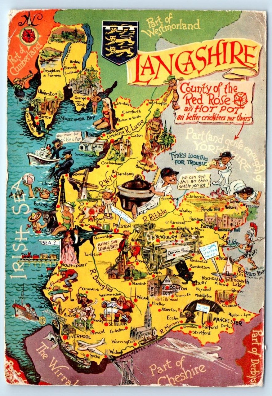 LANCASHIRE illustrated Map Cartograph ENGLAND UK 4x6 Postcard